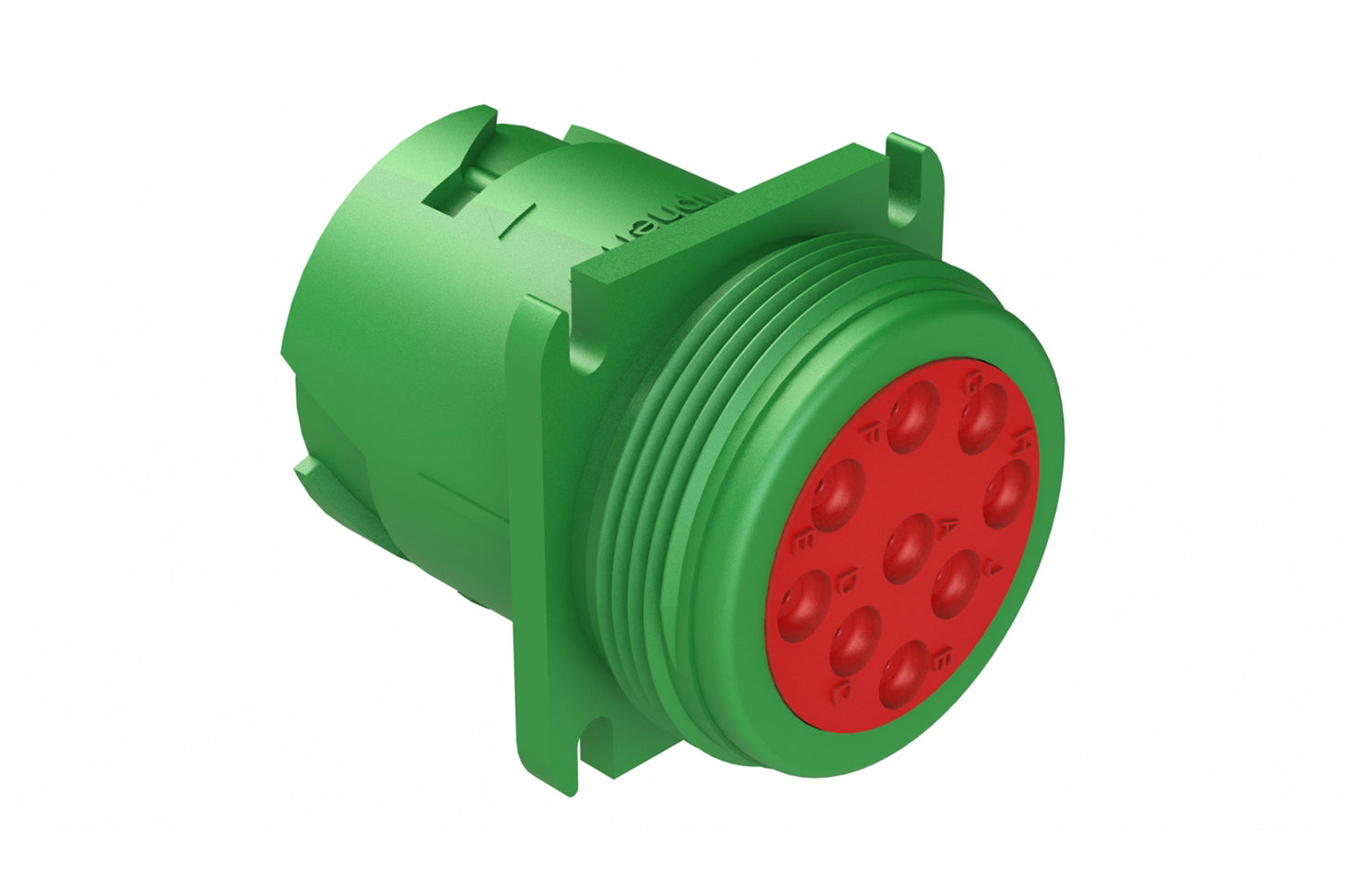 AHD10-9-1939P8R 9 Position Receptacle with Reduced Rear Seal, Male Flange Receptacle, Green, Type II. Threaded Rear, J1939. HD10-9-1939PE-P080