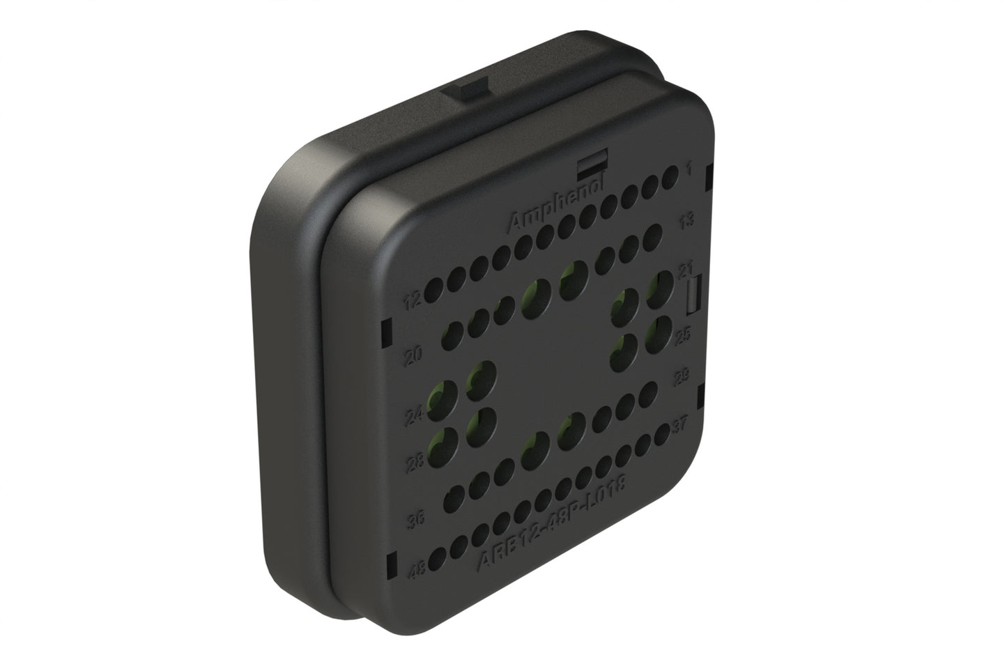 ARB12-48PDR-L018 48 Position Receptacle with Flange, Reduced Diameter Seal, Keyed D, Black. DRB12-48PDE-L018