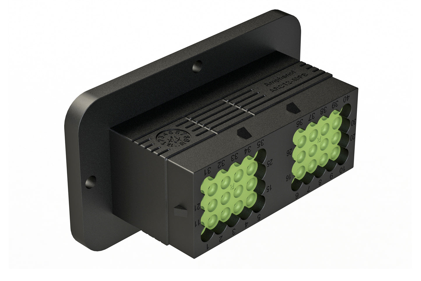 ARC12-40PBR 40 Position Receptacle, Pin Contact, Size 16, Threaded Insert for Jackscrew, Keyed B, Flanged, Reduced Diameter Rear Seal, Dustcap included. DRC12-40PBE