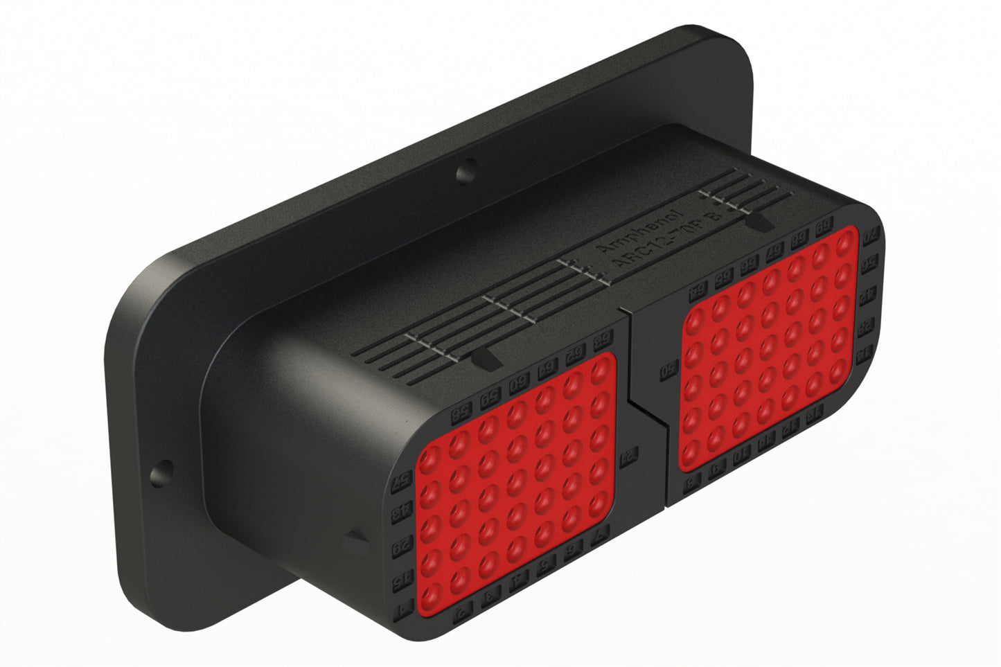 ARC12-70PB 70 Position Receptacle, Pin, Contact Size Size 16, Threaded Insert for Jackscrew, Keyed B, Flanged, Standard Diameter Rear Seal (Red), Black Body, Dustcap Included. DRC12-70PB