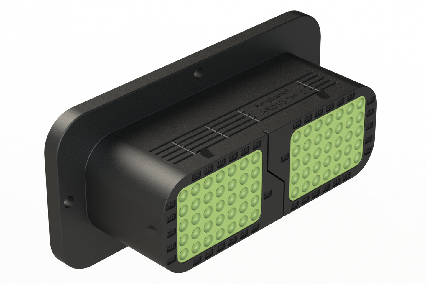 ARC12-70PCR 70 Position Receptacle, Pin, Contact Size Size 16, Threaded Insert for Jackscrew, Keyed C, Flanged, Reduced Diameter Rear Seal (Green), Black Body, Dustcap Included. DRC12-70PCE