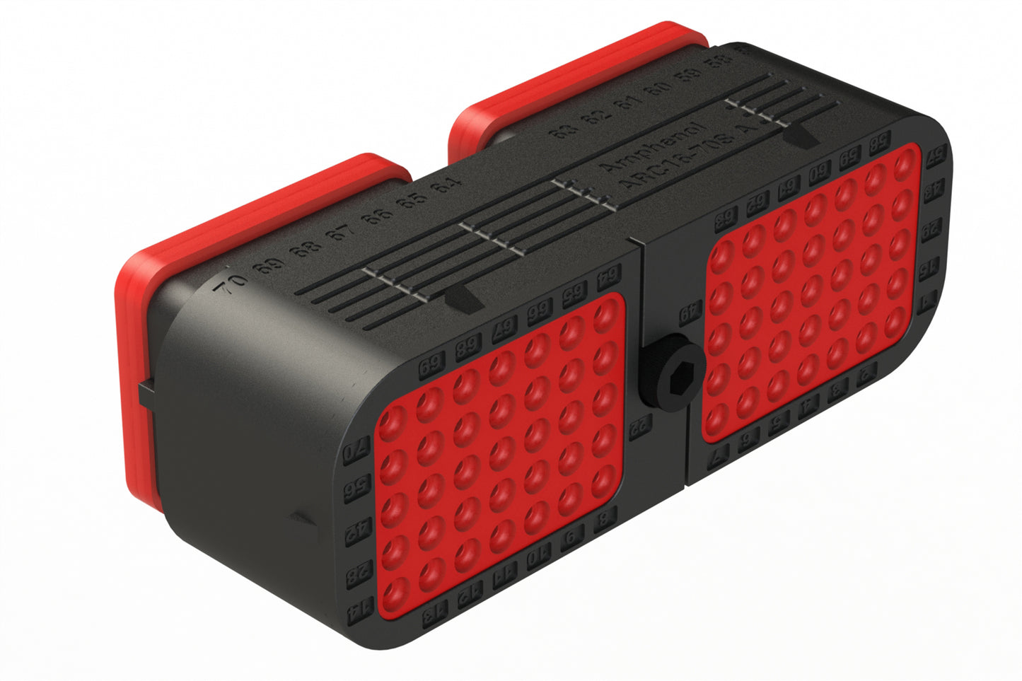 ARC16-70SA-P013 70 Position Plug, Socket, Contact Size Size 16, Jackscrew, Bonded Front Seal, Keyed A, Standard Diameter Rear Seal (Red), Black Body, Dustcap Included. DRC16-70SA-P013