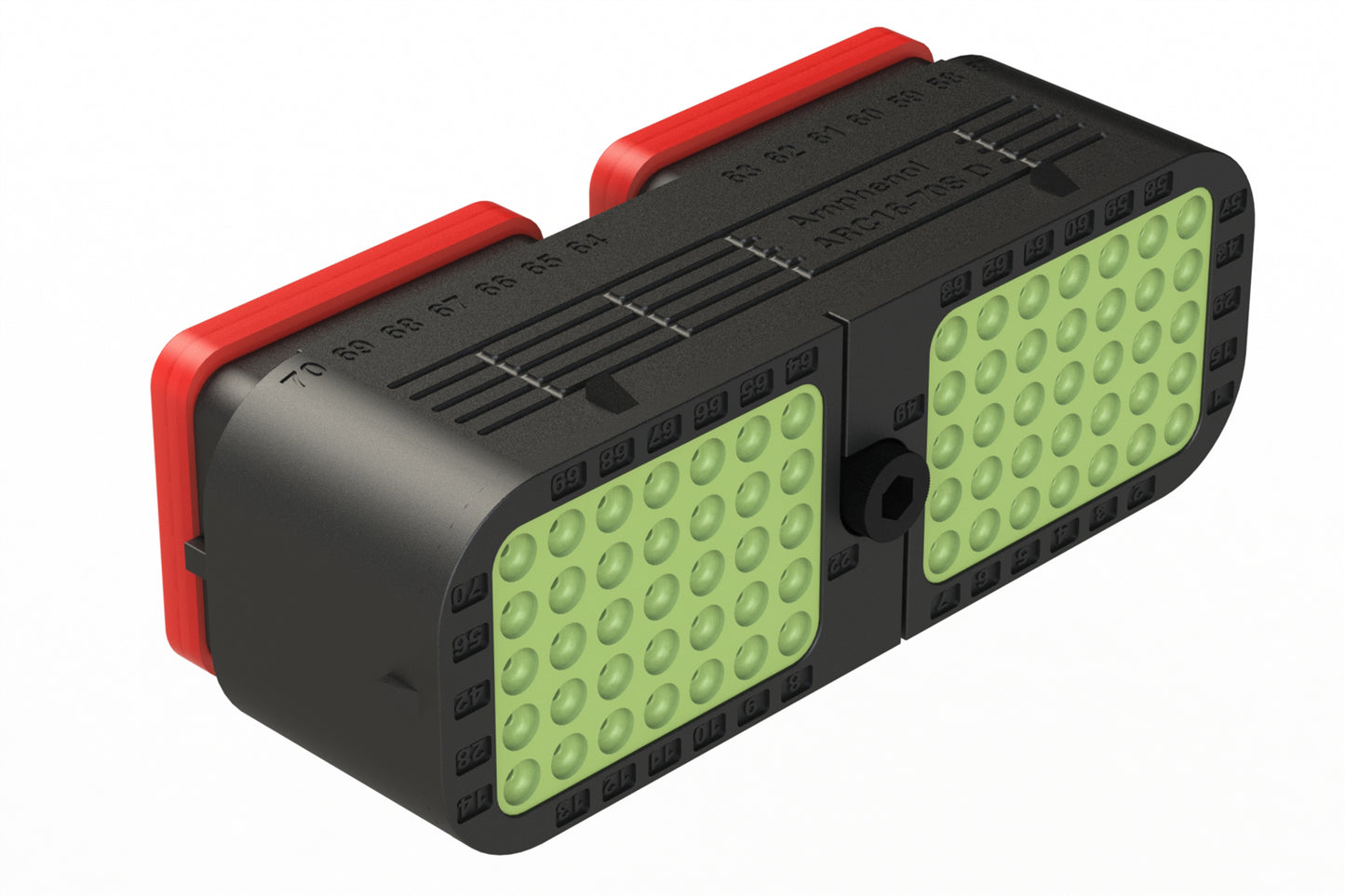 ARC16-70SDR-P013 70 Position Plug, Socket, Contact Size Size 16, Jackscrew, Bonded Front Seal, Keyed D, Reduced Diameter Rear Seal (Green), Black Body, Dustcap Included. DRC16-70SDE-P013