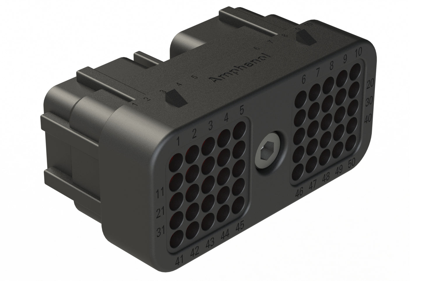 ARC26-50S01 50 Position Plug, Size 20 Socket Contacts, Jackscrew, Bonded Front Seal, Keyed 01, Black. DRC26-50S01