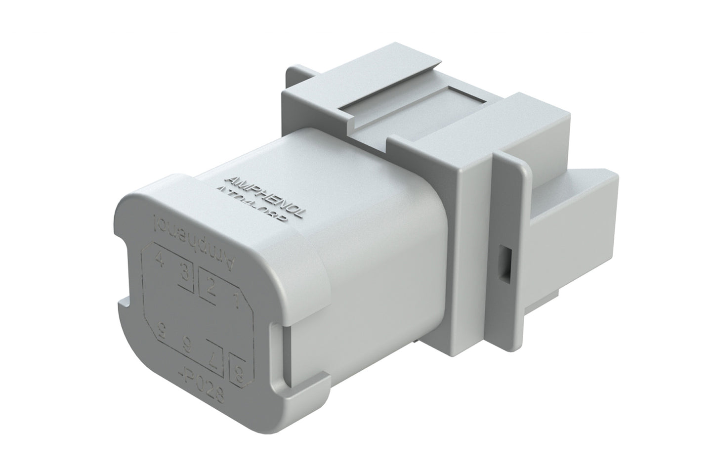 AT04-08PA-P028 8-way receptacle, (1) 3 Pin busbar=13 amps (1) 5 pin busbar=26 amps, nickel plating, keyed A, grey. Contacts included. DT04-08PA-P028