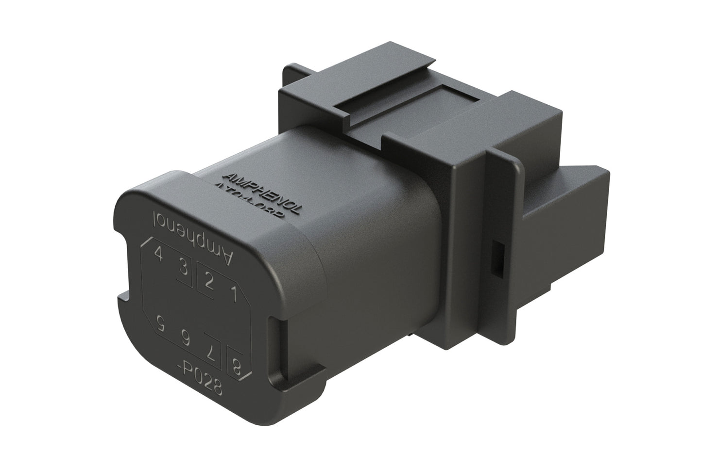 AT04-08PB-P028 8-way receptacle, (1) 3 Pin busbar=13 amps (1) 5 pin busbar=26 amps, nickel plating, keyed B, black. Contacts included. DT04-08PB-P028