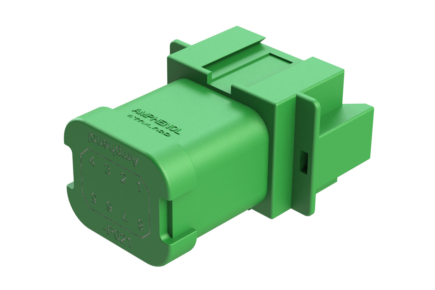 AT04-08PC-P021 8-way receptacle, (1) 8 Pin busbar=52 amps, nickel plating, keyed C, green. Contacts included. DT04-08PC-P021
