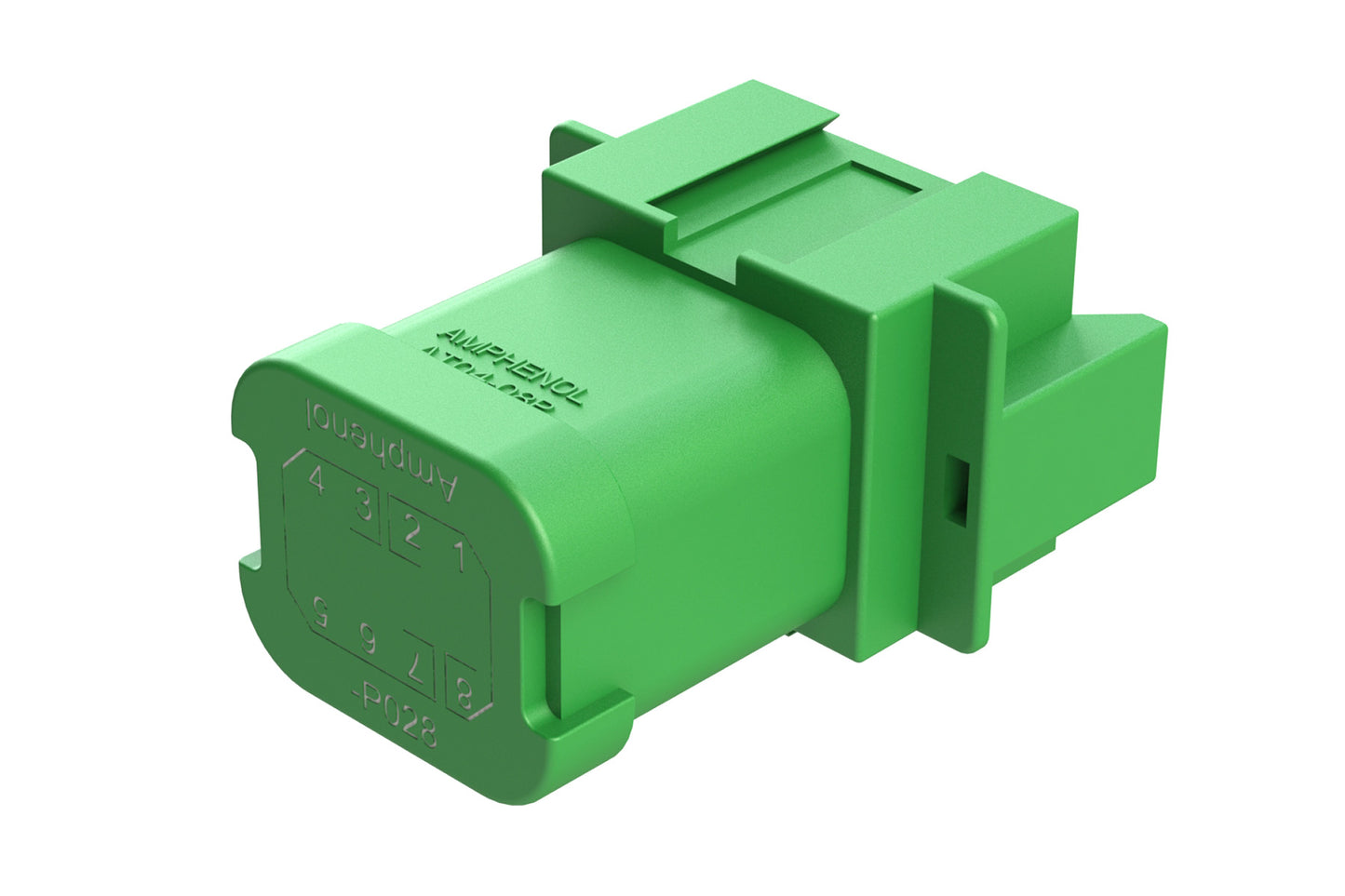 AT04-08PC-P028 8-way receptacle, (1) 3 Pin busbar=13 amps (1) 5 pin busbar=26 amps, nickel plating, keyed C, green. Contacts included. DT04-08PC-P028