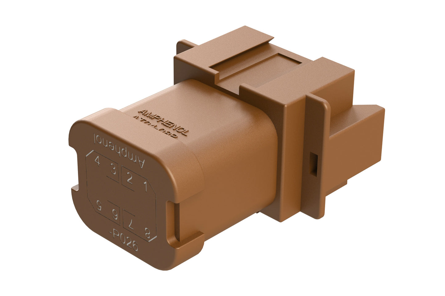 AT04-08PD-P026 8-way receptacle, (2) 4 Pin busbar=26 amps, nickel plating, keyed D, brown. Contacts included. DT04-08PD-P026