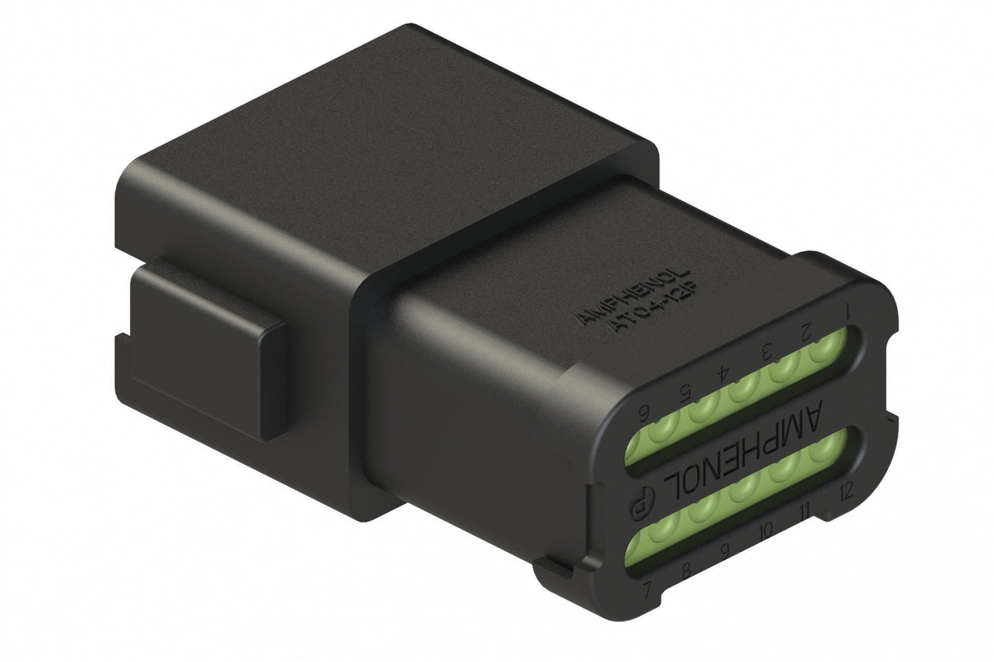 AT04-12PA-MMBLK 12-Way Receptacle, Black Male Connector with A Position Key and Extended Shroud, Reduced Diameter Seal (E-Seal) and End Cap, Black. DT04-12PA-CE08, DT04-12PA-BE04