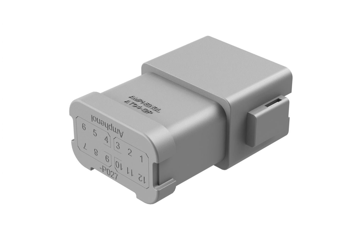 AT04-12PA-P027 12-way receptacle, (2) 6 Pin busbar=39 amps, gold plating, keyed A, grey. Contacts included. DT04-12PA-P027