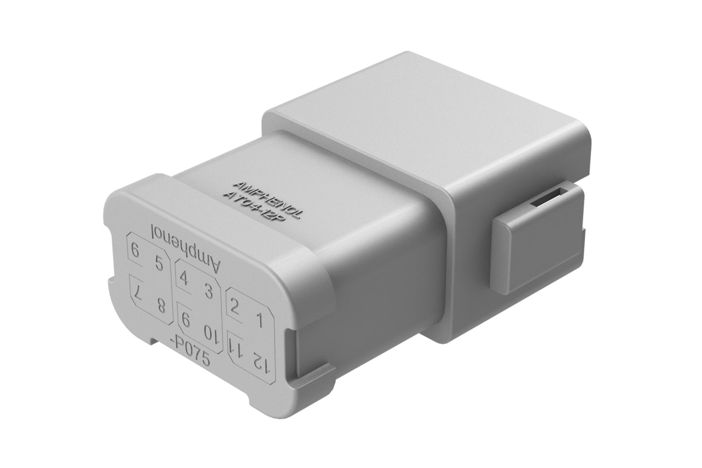 AT04-12PA-P075 12-way receptacle, (3) 4 Pin busbar=26 amps, nickel plating, keyed A, grey. Contacts included. DT04-12PA-P075