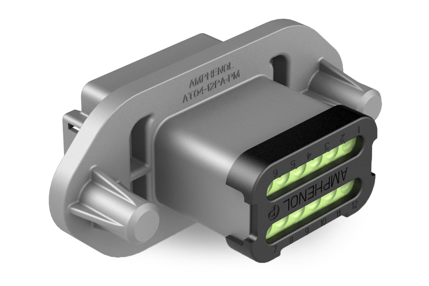 AT04-12PA-PM14 12 Position Receptacle, Pin, Nickel, Panel Mount, Self-Threading, Reduced Diameter Seal, Cap, Keyed A. DT04-12PA-CL11