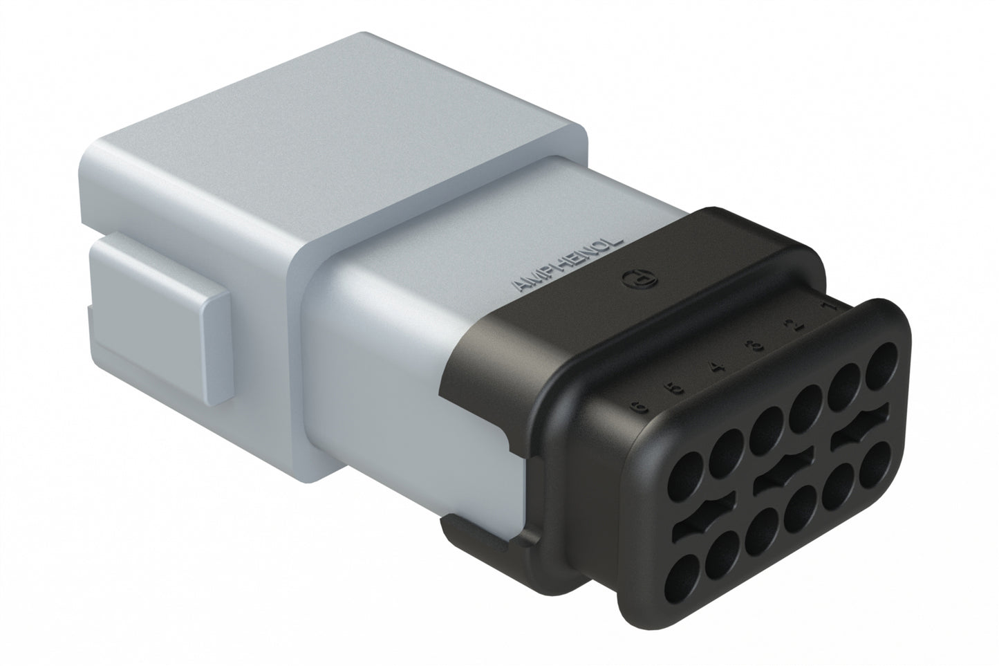 AT04-12PA-SR2GY 12-Way Receptacle Male Connector with Strain Relief, Reduced Diameter Wire Seal, A Position Key, Grey. DT04-12PA-CE04