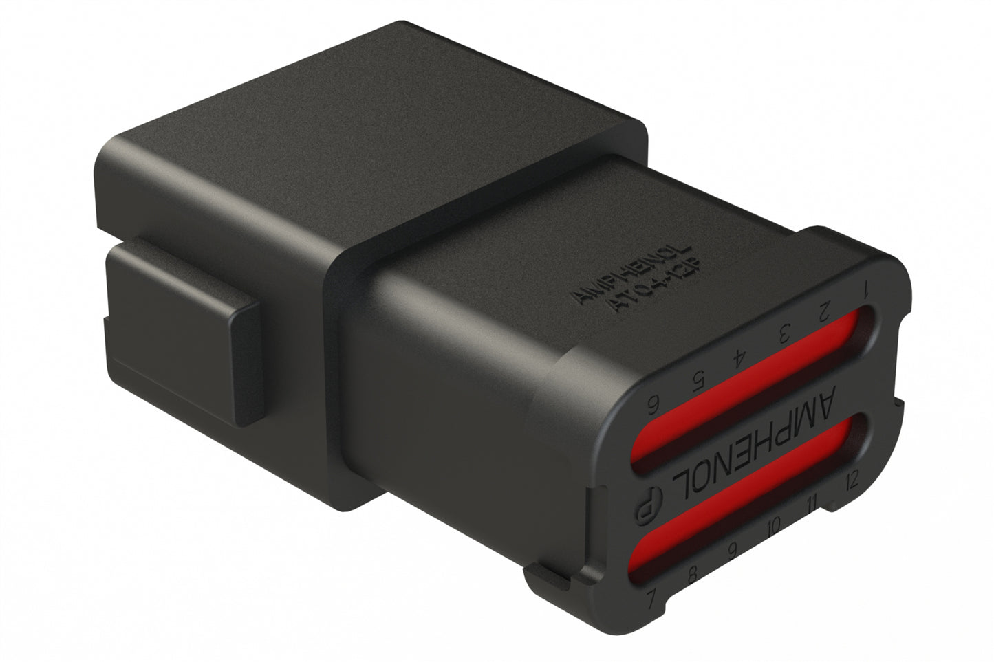 AT04-12PB-SS01 12-Way Receptacle, Male Connector with B Position Key and Extended Shroud and Solid Rear Grommet and Endcap, Black. DT04-12PB-C017