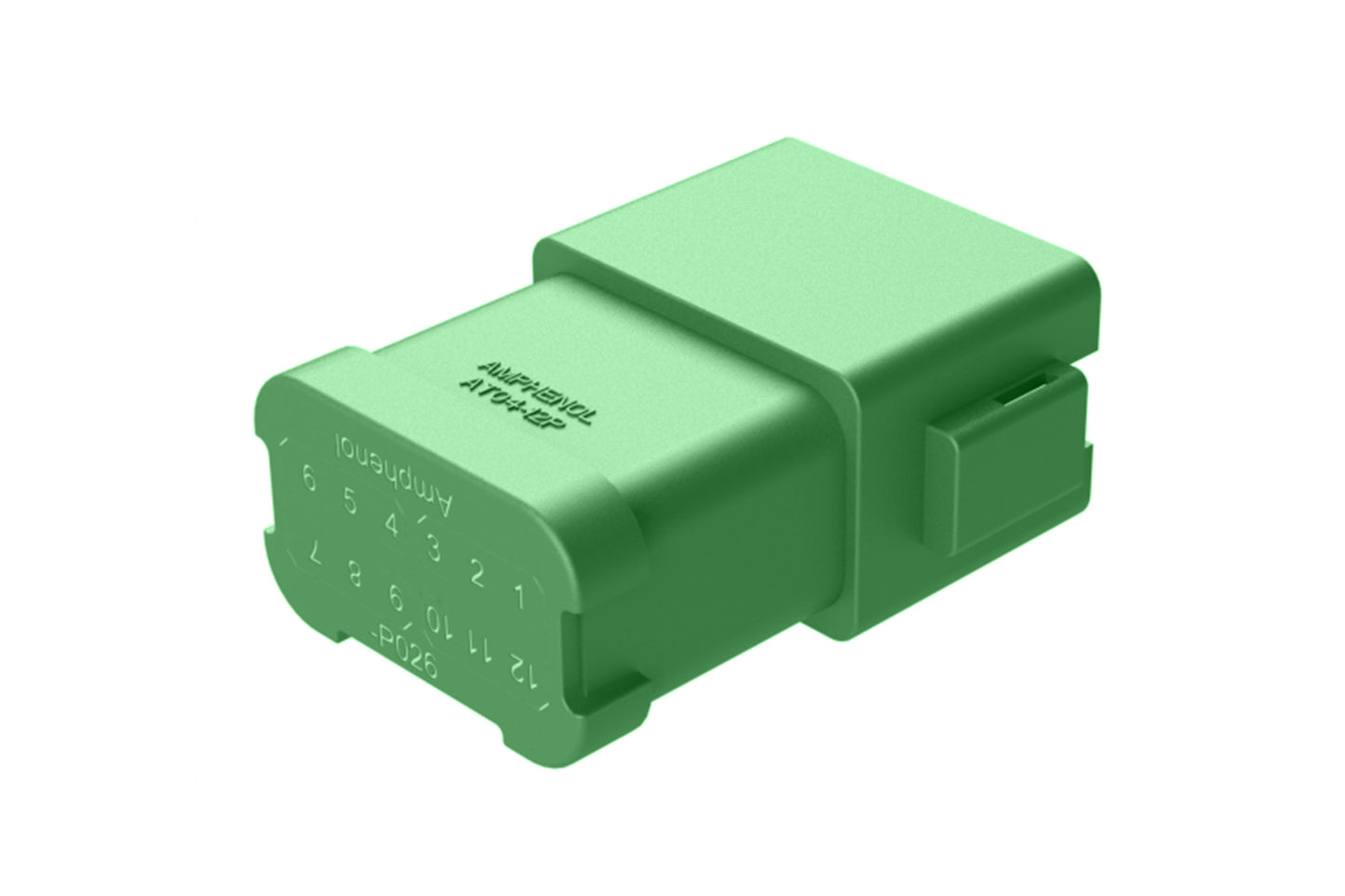 AT04-12PC-P026 12-way receptacle, (2) 6 Pin busbar=39 amps, nickel plating, keyed C, green. Contacts included. DT04-12PC-P026