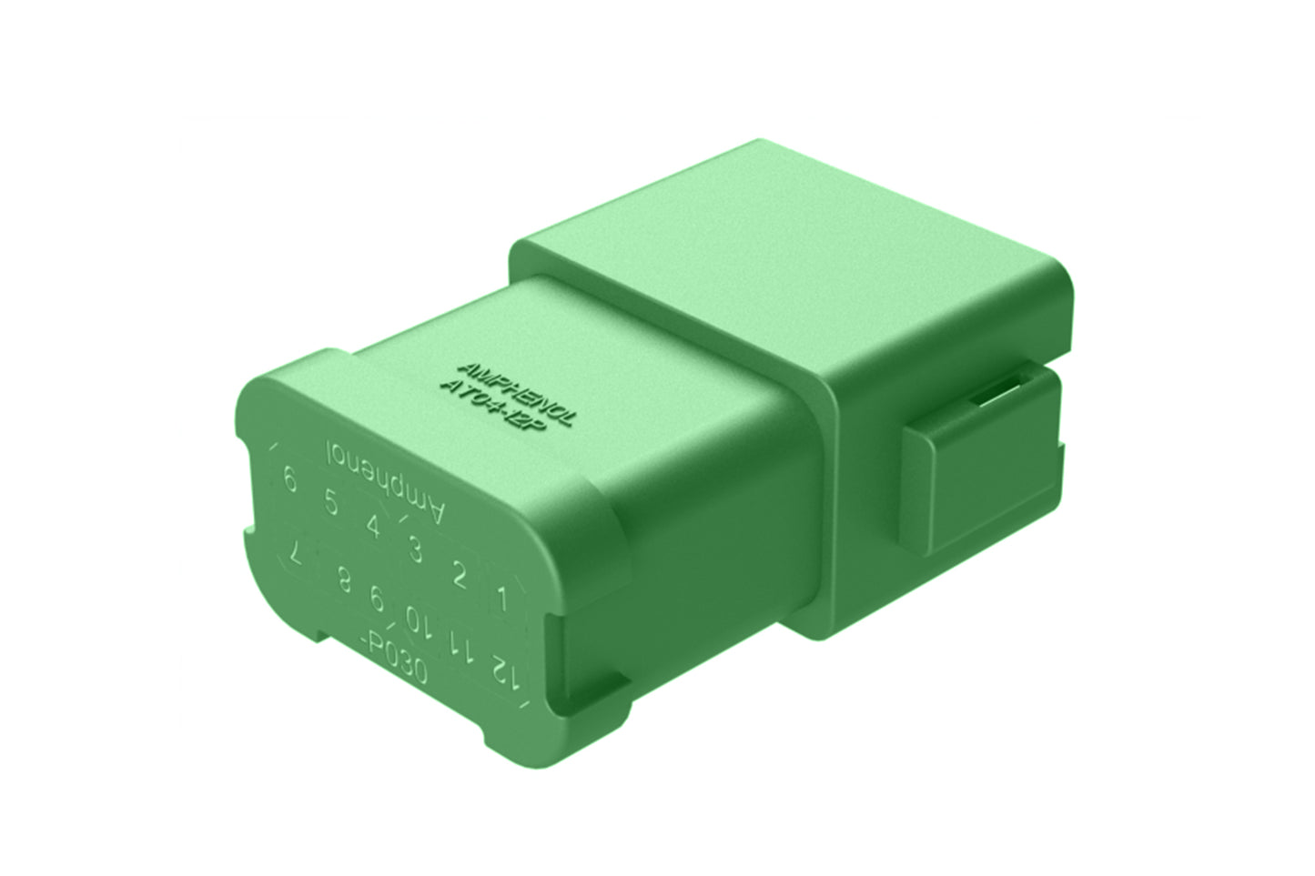 AT04-12PC-P030 12-way receptacle, (4) 3 Pin busbar=13 amps, nickel plating, keyed C, green. Contacts included. DT04-12PC-P030