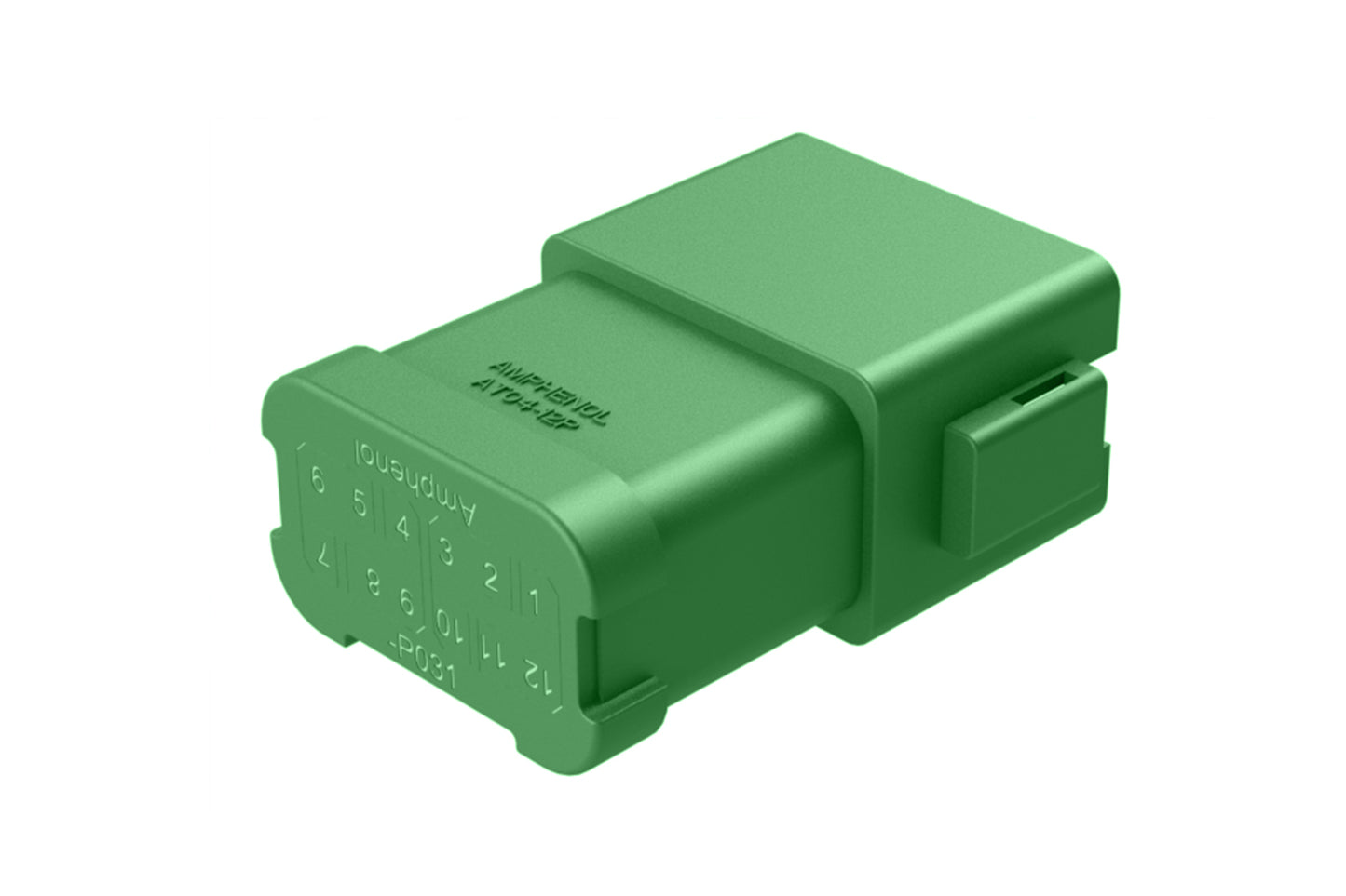 AT04-12PC-P031 12-way receptacle, (4) 3 Pin busbar=13 amps, gold plating, keyed C, green. Contacts included. DT04-12PC-P031