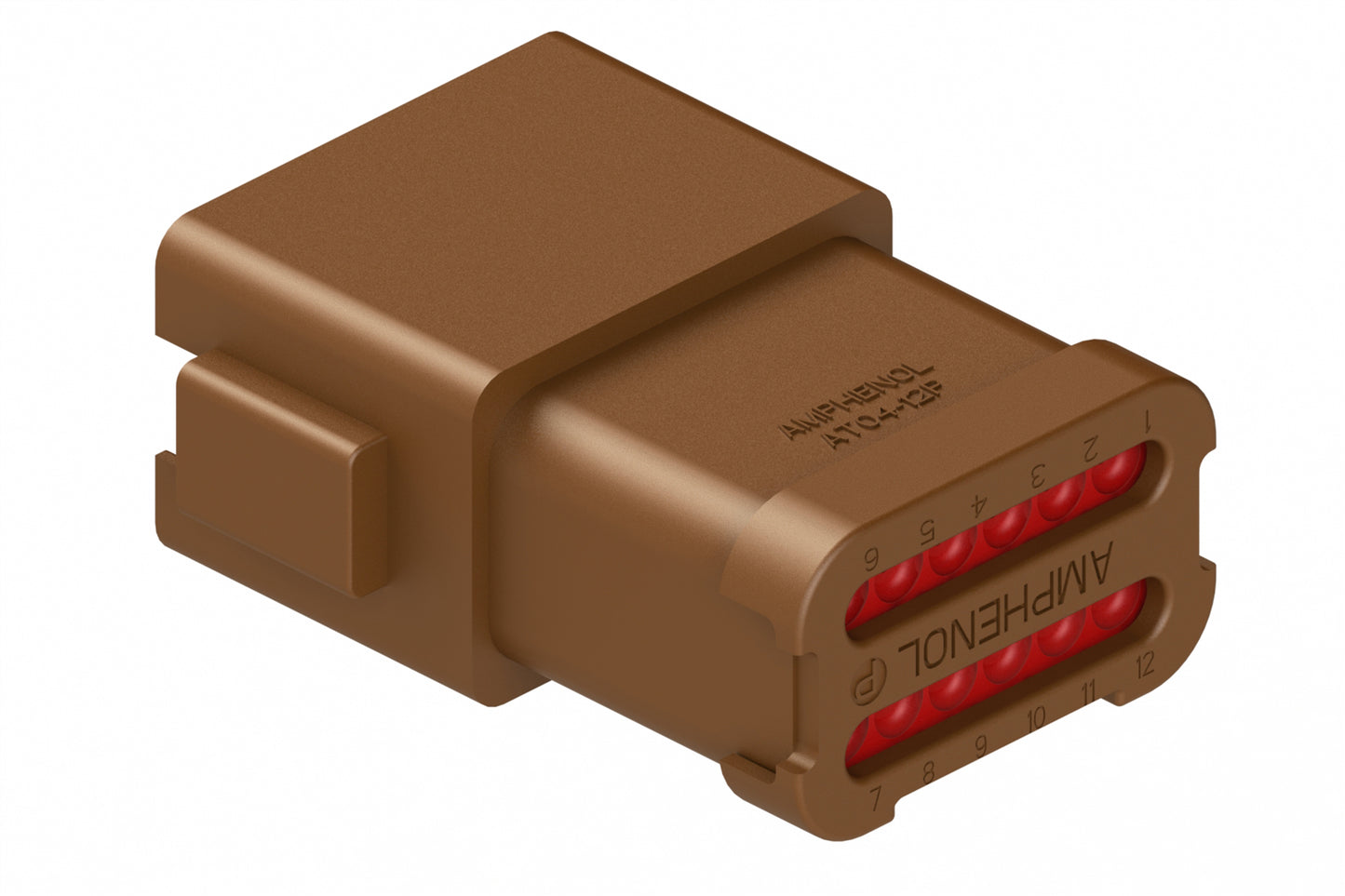 AT04-12PD-EC01 12-Way Receptacle, Male Connector with D Position Key, Extended Shroud and End Cap, Brown. DT04-12PD-BE02