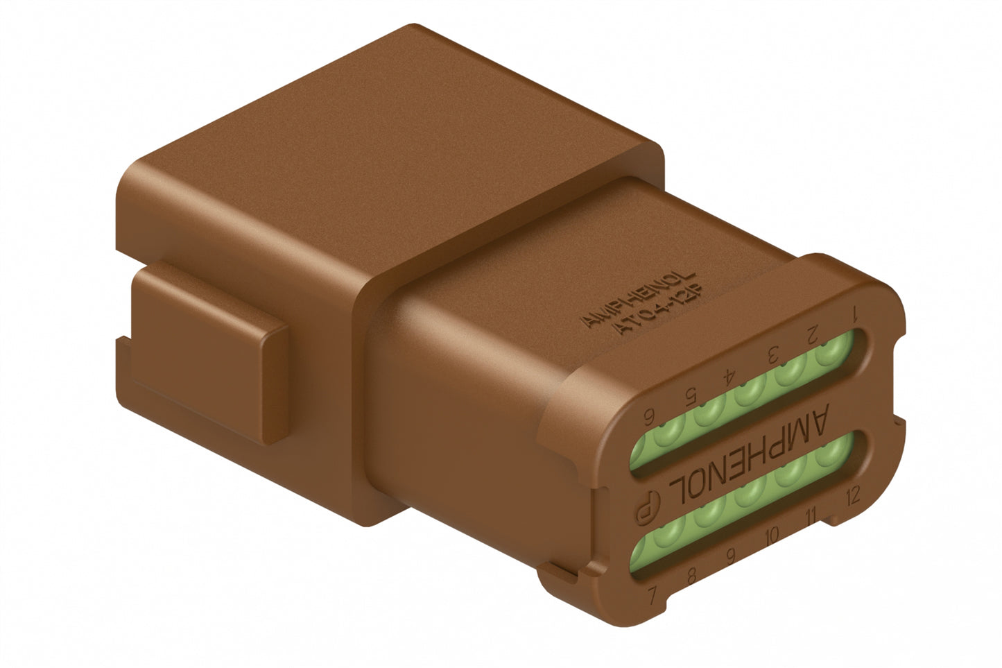 AT04-12PD-MM01 12-Way Receptacle, Male Connector with D Position Key, Extended Shroud, Reduced Diameter Seal (E-Seal) and End Cap, Brown. DT04-12PD-CE01, DT04-12PD-CE07