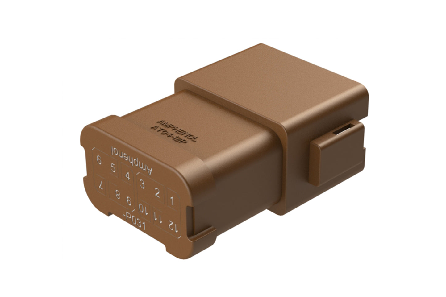 AT04-12PD-P031 12-way receptacle, (4) 3 Pin busbar=13 amps, gold plating, keyed D, brown. Contacts included. DT04-12PD-P031