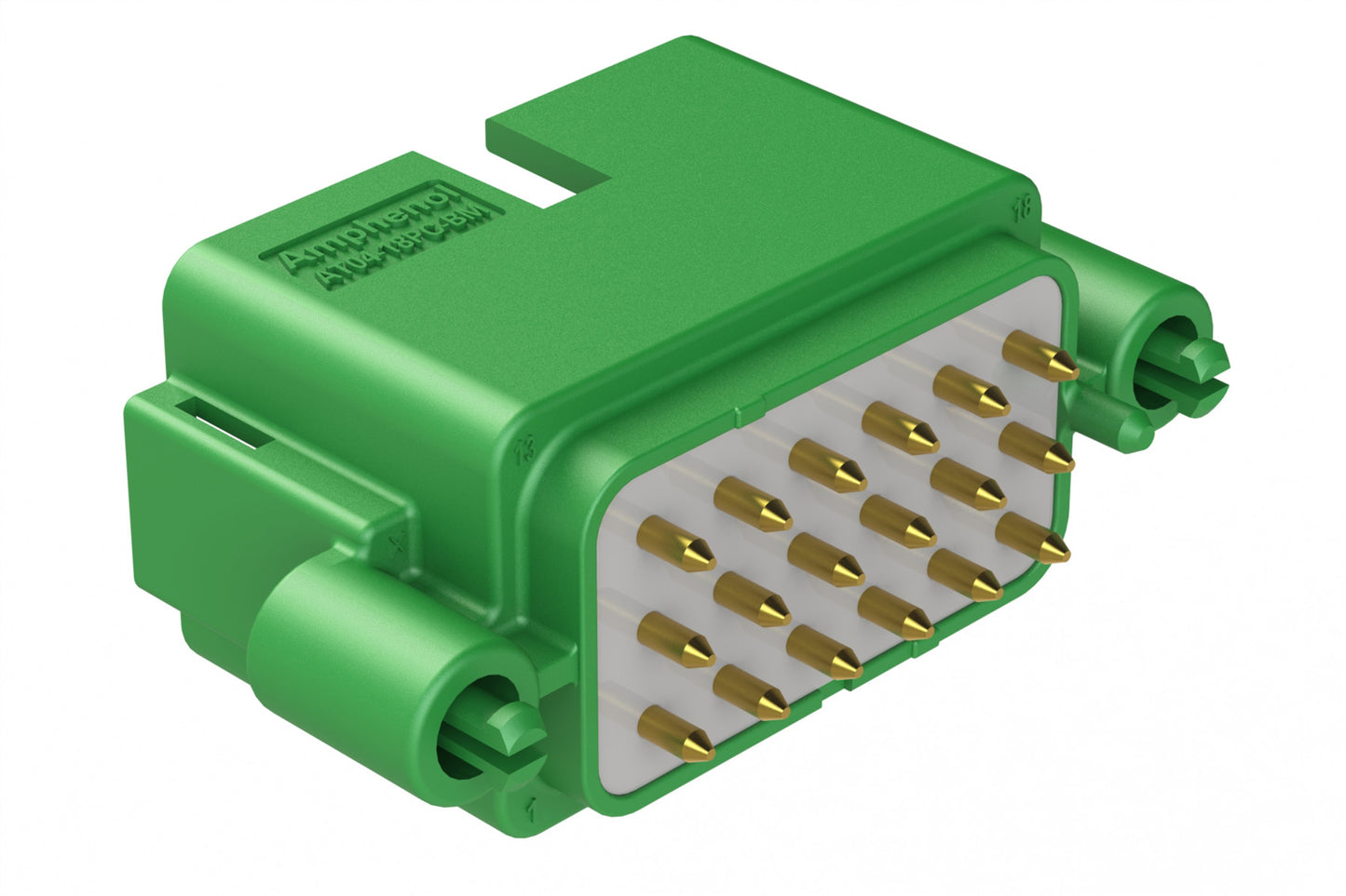 AT04-18PC-BM02 18 Position PCB Board Mount Receptacle, Straight, Gold Plated Contacts, Snap-Fit, Potted, Keyed C, Green