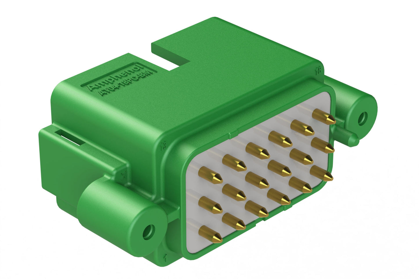 AT04-18PC-BM12 18 Position PCB Receptacle, Flangeless, Self-Threading, Keyed C, Gold Plated Contacts Included, Potted, Green Body