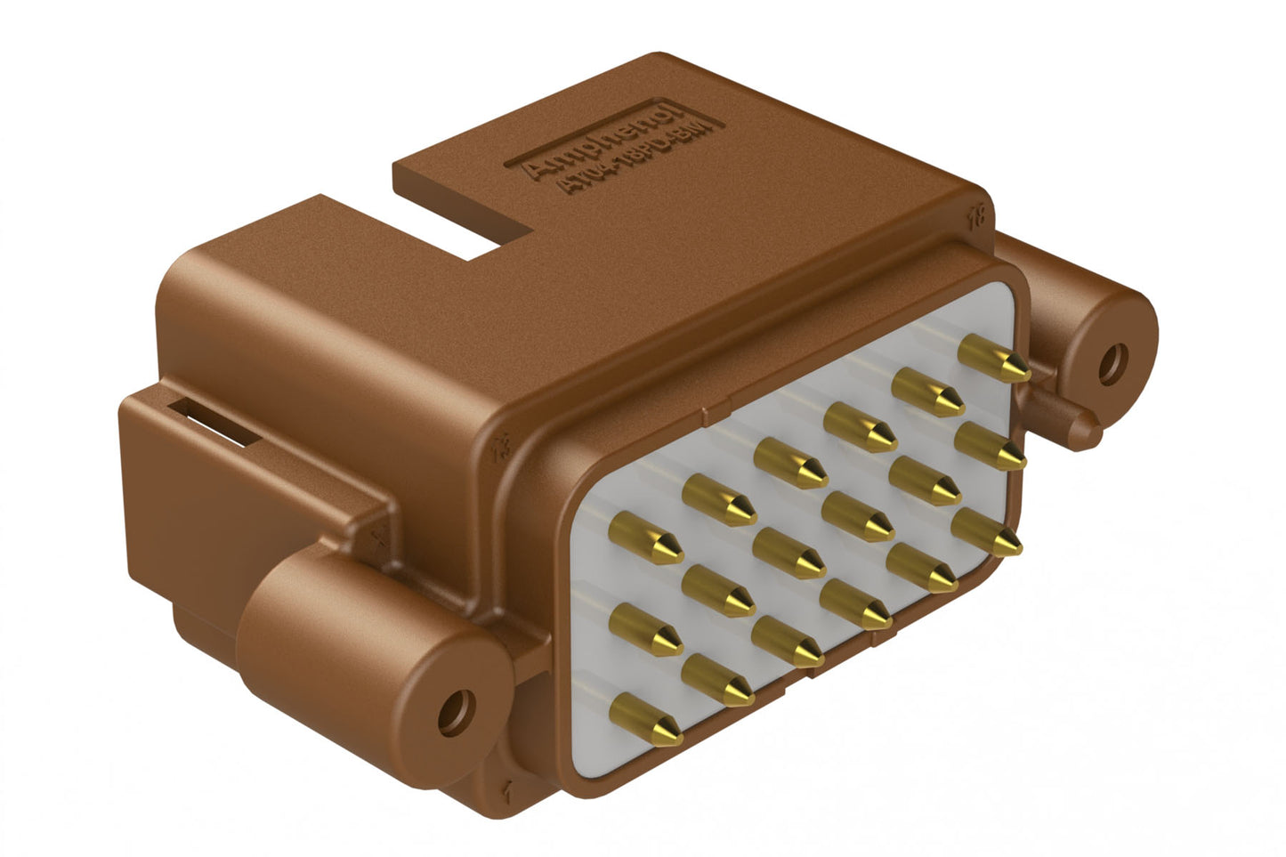 AT04-18PD-BM12 18 Position PCB Receptacle, Flangeless, Self-Threading, Keyed D, Gold Plated Contacts Included, Potted, Brown Body
