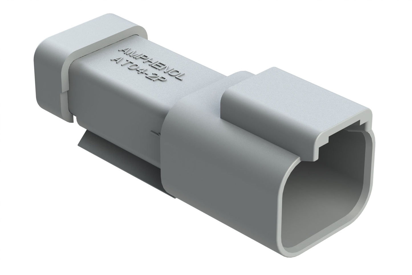 AT04-2P-MM01 2-Way Receptacle, Male Connector with Reduced Diameter Seal (E-Seal) and End Cap, Grey. DT04-2P-CE01
