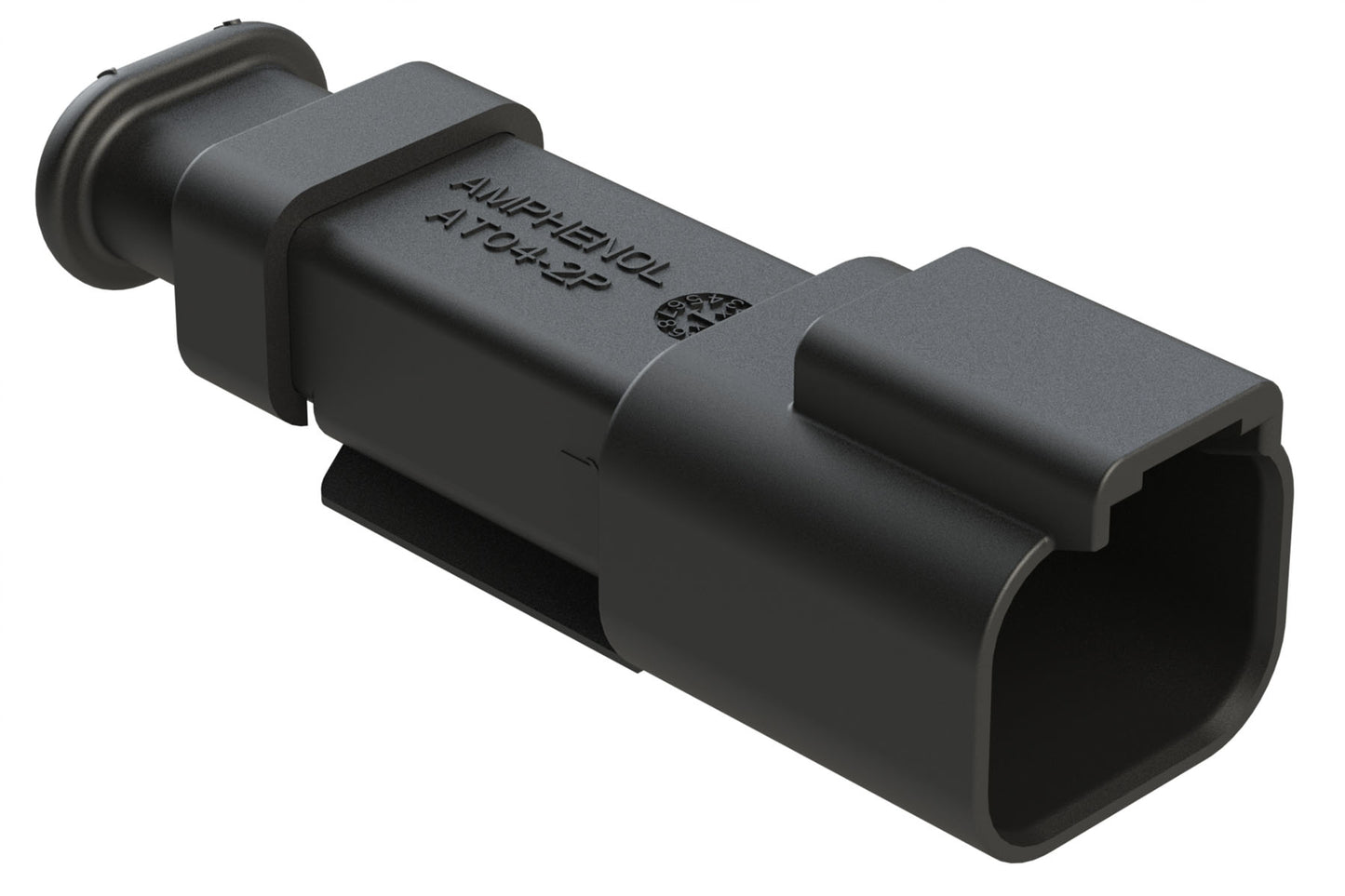 AT04-2P-SR02BLK 2-Way Receptacle Male Connector with Strain Relief End Cap and .053-.120 Reduced Seal, Black. DT04-2P-CE09, DT04-2P-TE82