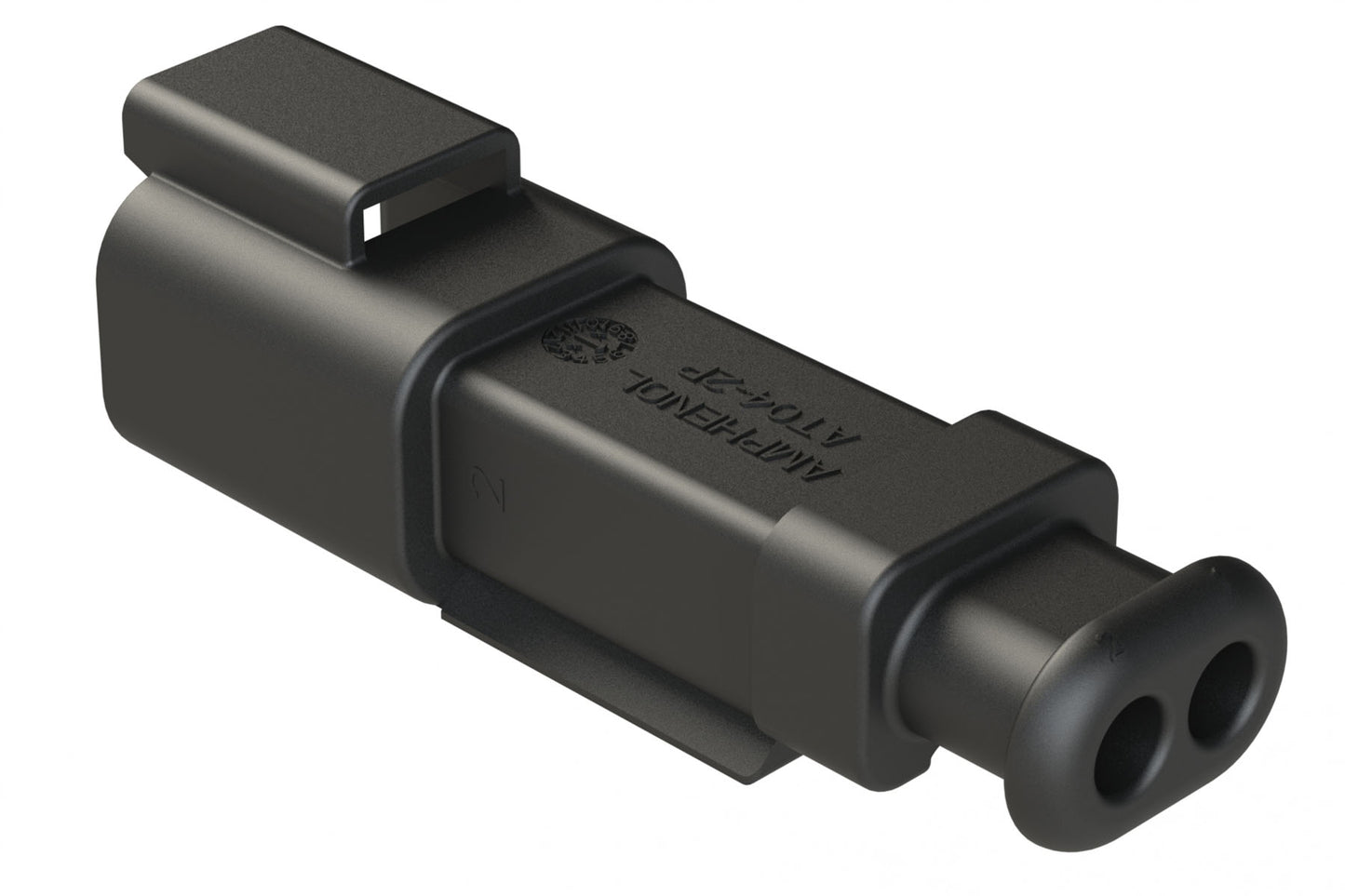 AT04-2P-SR02BLK 2-Way Receptacle Male Connector with Strain Relief End Cap and .053-.120 Reduced Seal, Black. DT04-2P-CE09, DT04-2P-TE82