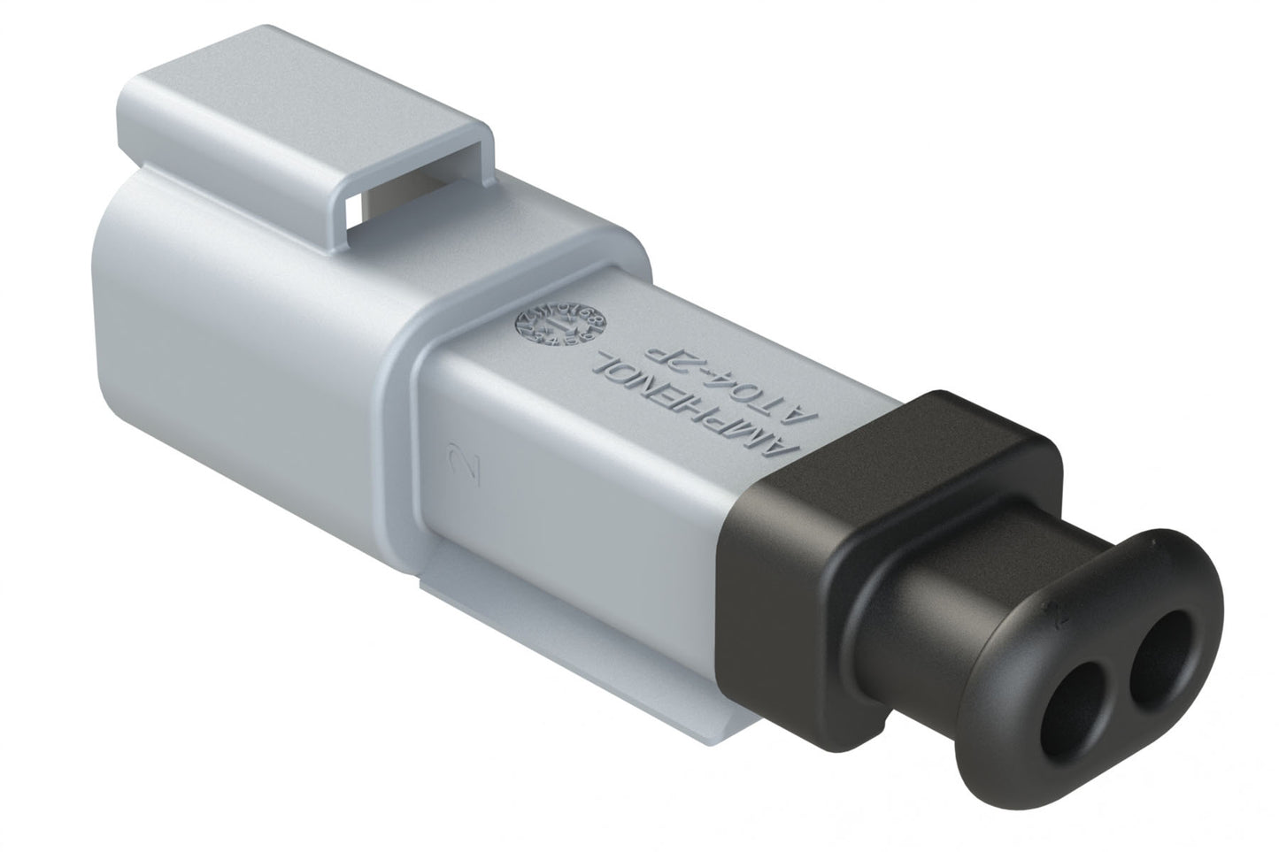 AT04-2P-SR02GRY 2-Way Receptacle Male Connector with Strain Relief End Cap and .053-.120 Reduced Seal, Grey. DT04-2P-CE04