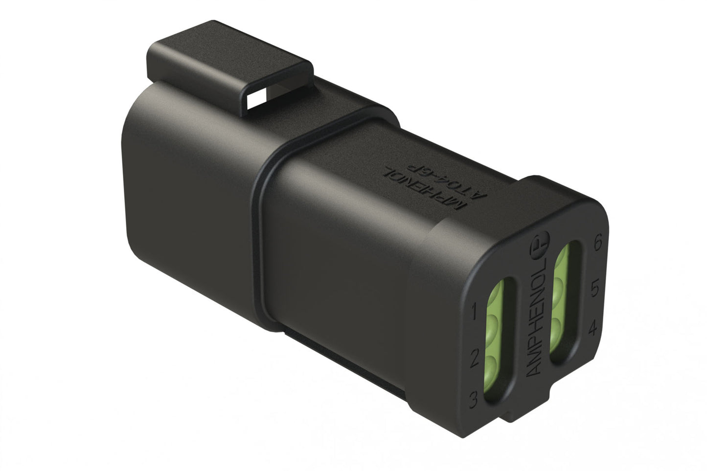 AT04-6P-MM01BLK 6-Way Receptacle, Male Connector with Reduced Diameter Seal (E-Seal) and End Cap, Black. DT04-6P-CE03