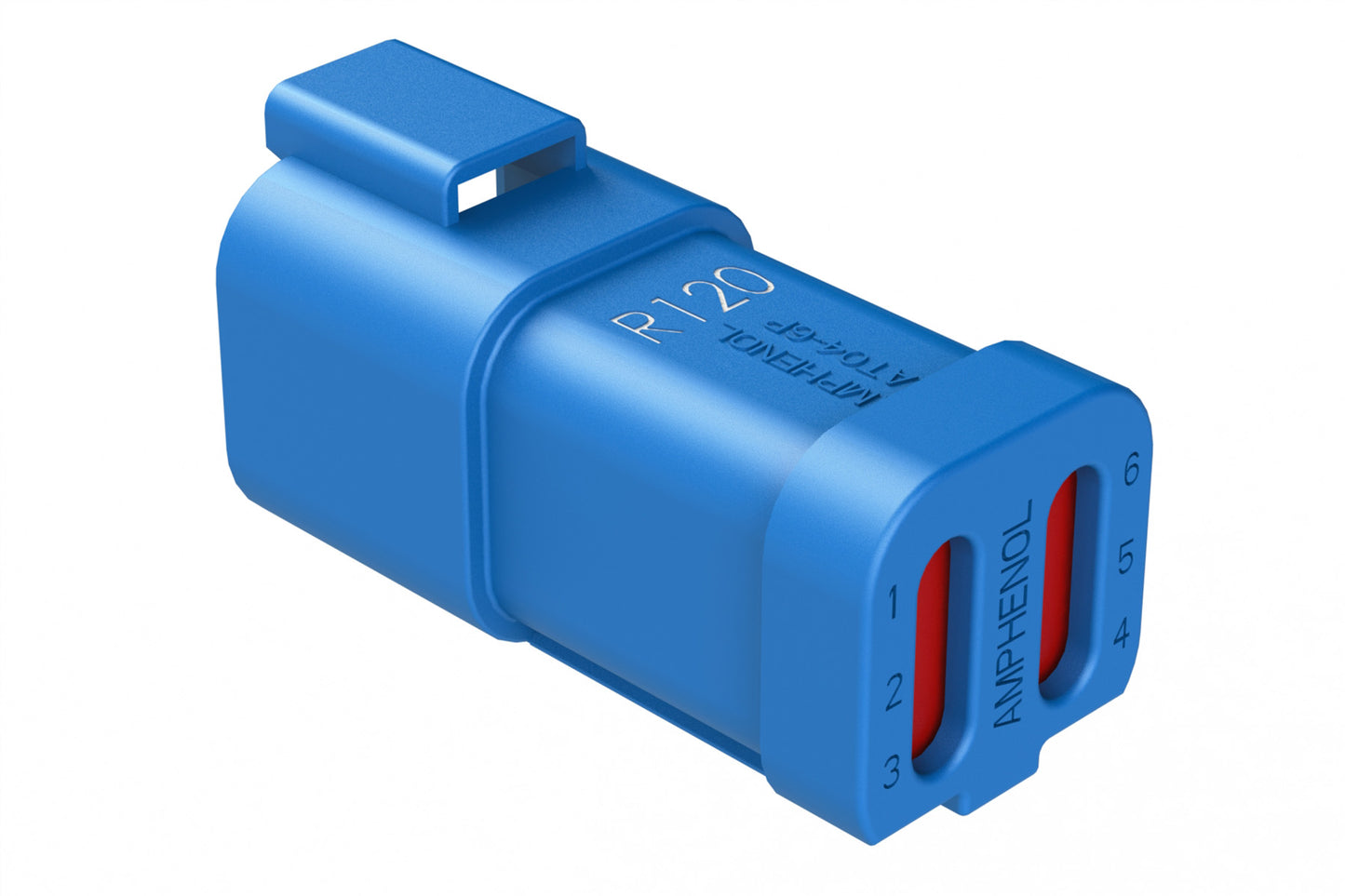 AT04-6P-R120BL 6-Way, Receptacle, 6 Gang Buss w/ 120 OHM Resistor, NI Pins, Soild Rear Seal, Wedgelock, Blue