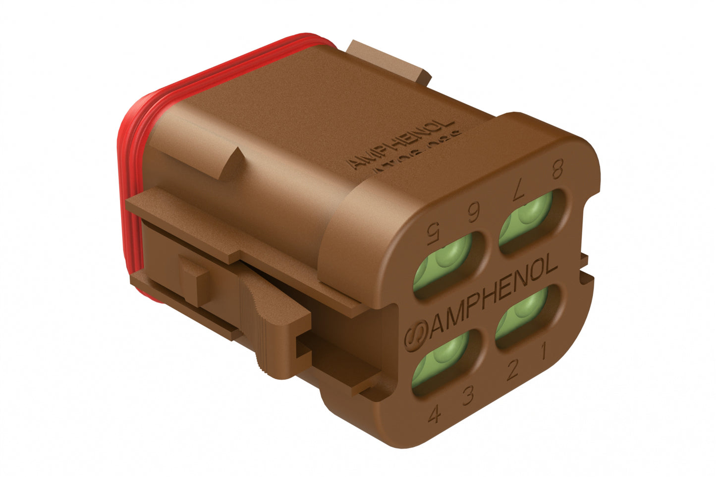 AT06-08SA-MMBRN 8-Way Plug, Female Connector with A Position Key, Reduced Diameter Seals (E-Seal) and End Cap, Brown