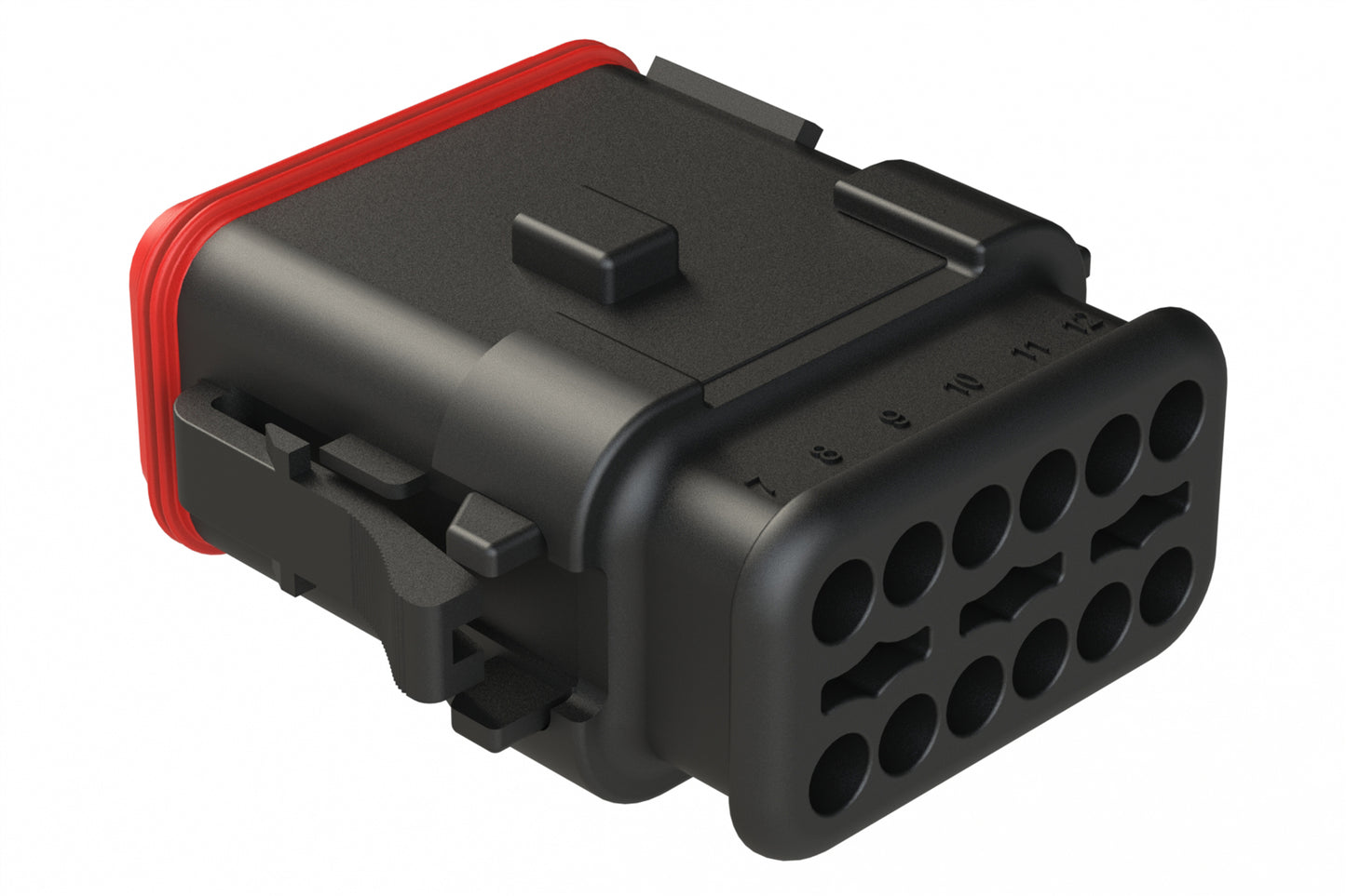 AT06-12SB-SR2BK 12-Way Plug, Female Connector with B Position Key and Reduced Diameter Seal, Strain Relief Endcap, Black. DT06-12SB-CE13, DT06-12SB-CE04