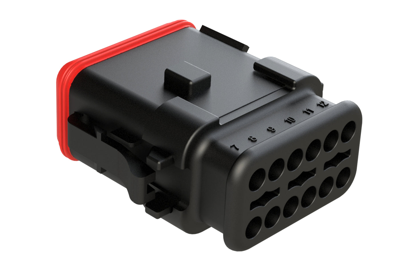 AT06-12SB-SRBK 12-Way Plug Female Connector with Strain Relief Endcap, Standard Seal, B Position Key, Black. DT06-12SB-E008