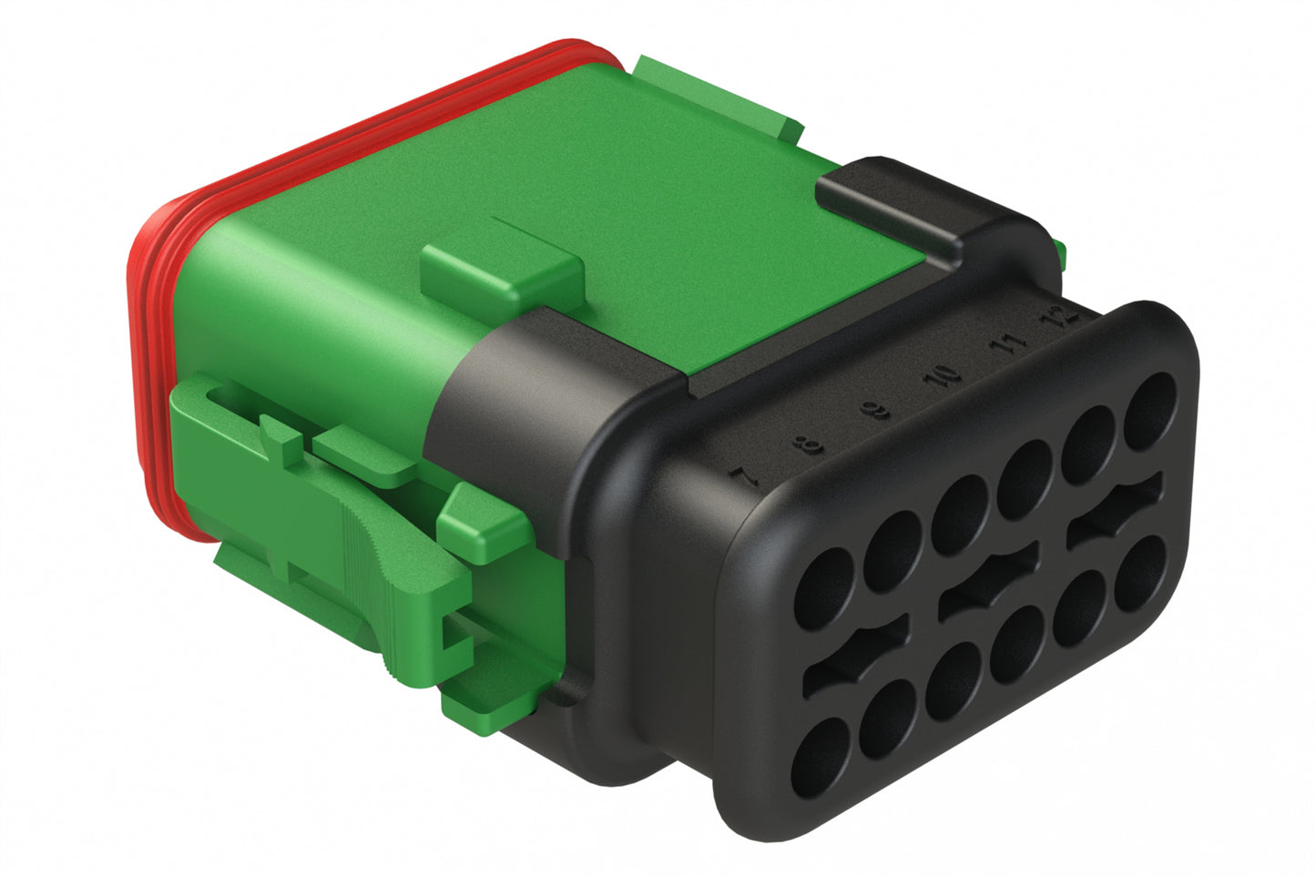 AT06-12SC-SR2GN 12-Way Plug, Female Connector with C Position Key and Reduced Diameter Seal, Strain Relief Endcap, Green. DT06-12SC-CE13, DT06-12SC-CE04