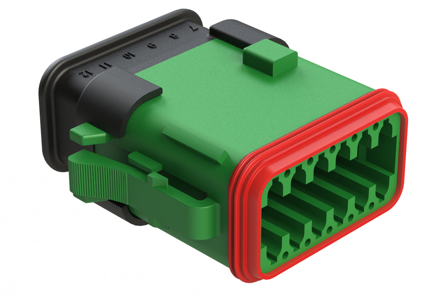 AT06-12SC-SRGN 12-Way Plug Female Connector with Strain Relief Endcap, Standard Seal, C Position Key, Green. DT06-12SC-E008