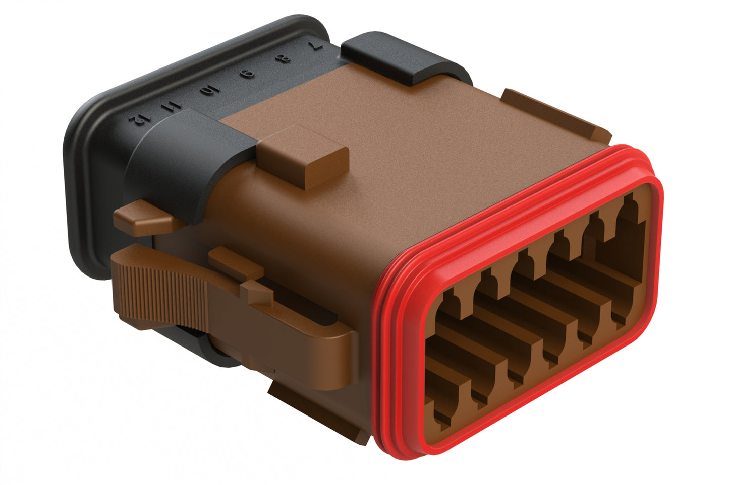 AT06-12SD-SR2BR 12-Way Plug, Female Connector with D Position Key and Reduced Diameter Seal (E-Seal) and Strain Relief End Cap, Brown. DT06-12SD-CE13