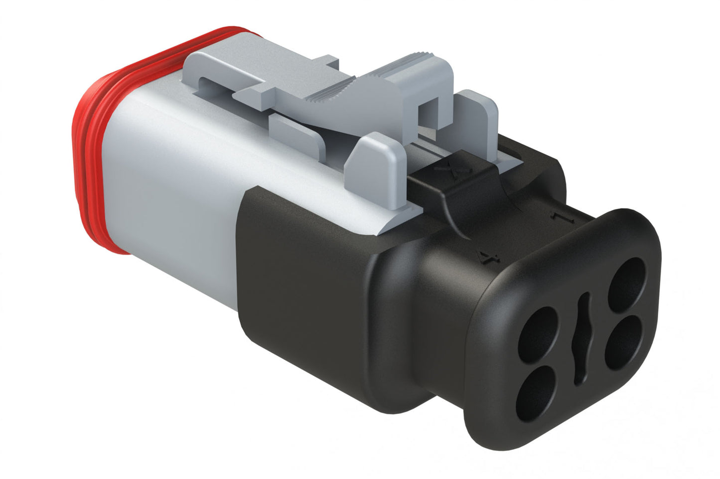 AT06-4S-SR02GRY 4-Way Plug, Female Connector with Reduced Diameter Seal (E-Seal), Strain Relief Endcap, Grey. DT06-4S-CE13