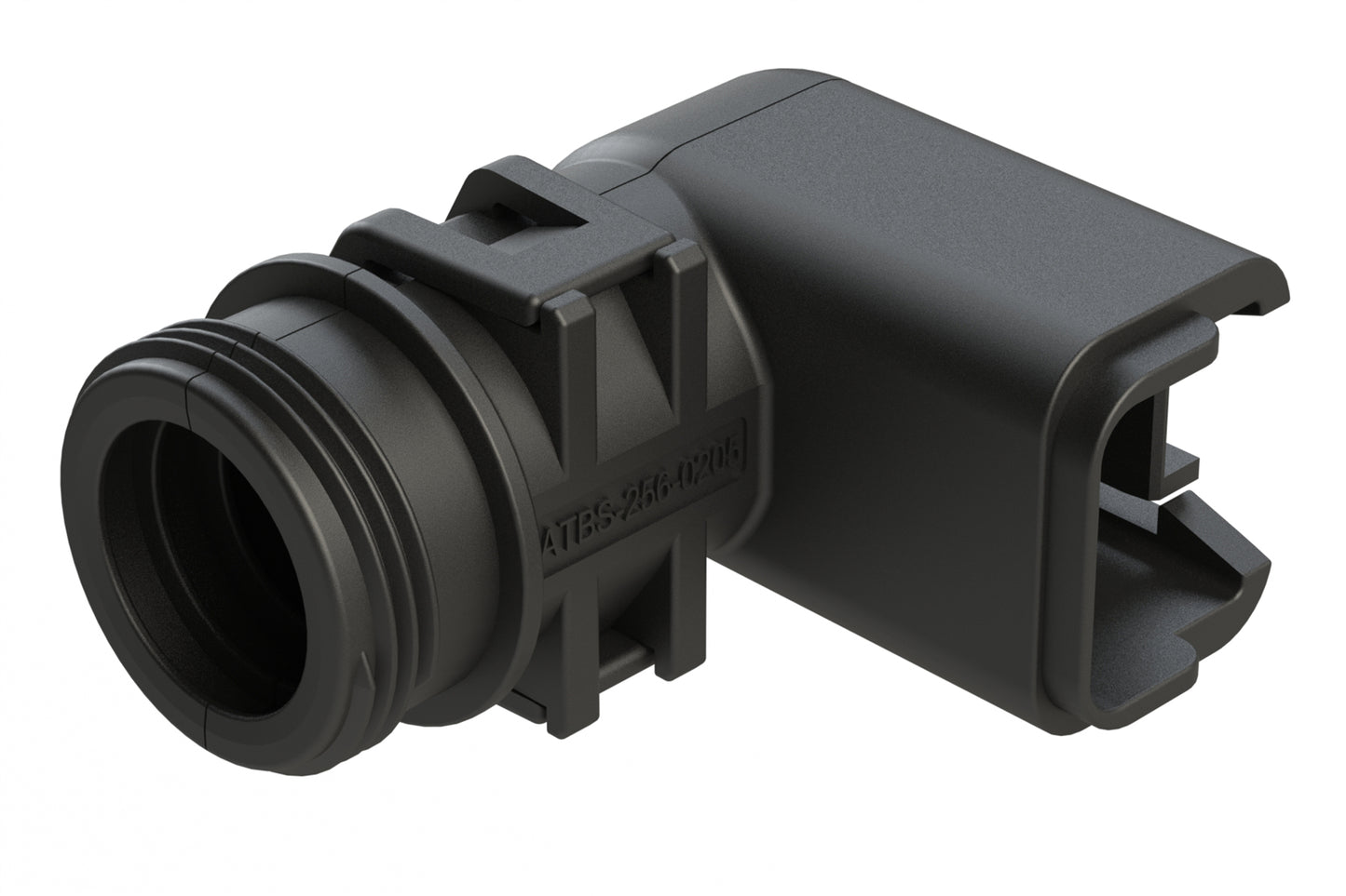 ATBS-256-0205 Backshell for 2 Position Plugs, 90°, with Strain Relief. Cable Exit Designed for Corrugated Tube NW 7.5, 8.5, 10