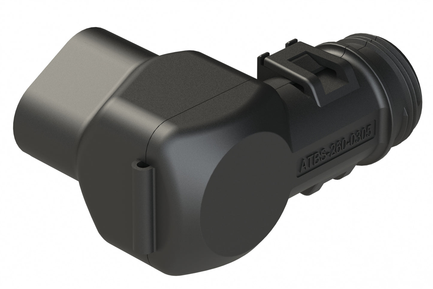 ATBS-238-0405 Backshell for 4 Position Receptacles, 90°. Cable Exit Designed for Corrugated Tube NW 6, 7.5 ,8.5 & 10. Enhanced Dovetail for Mounting Clips