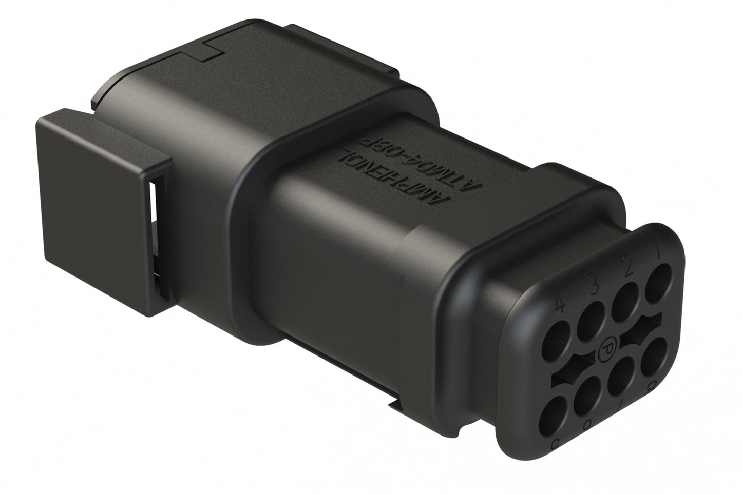 ATM04-08PB-SR1BK 8 Position, Receptacle, Pin, Standard Diameter Rear Seal (Red), SR01 Strain Relief, Keyed B, Black Body (Requires Wedgelock AWM-8P.). DTM04-08PB-E007