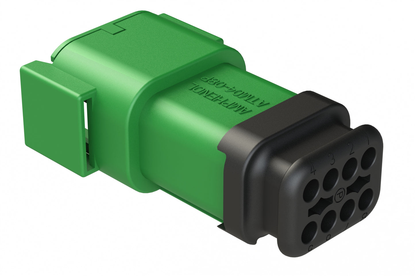 ATM04-08PC-SR1GN 8 Position, Receptacle, Pin, Standard Diameter Rear Seal (Red), SR01 Strain Relief, Keyed C, Green Body (Requires Wedgelock AWM-8P.). DTM04-08PC-E007