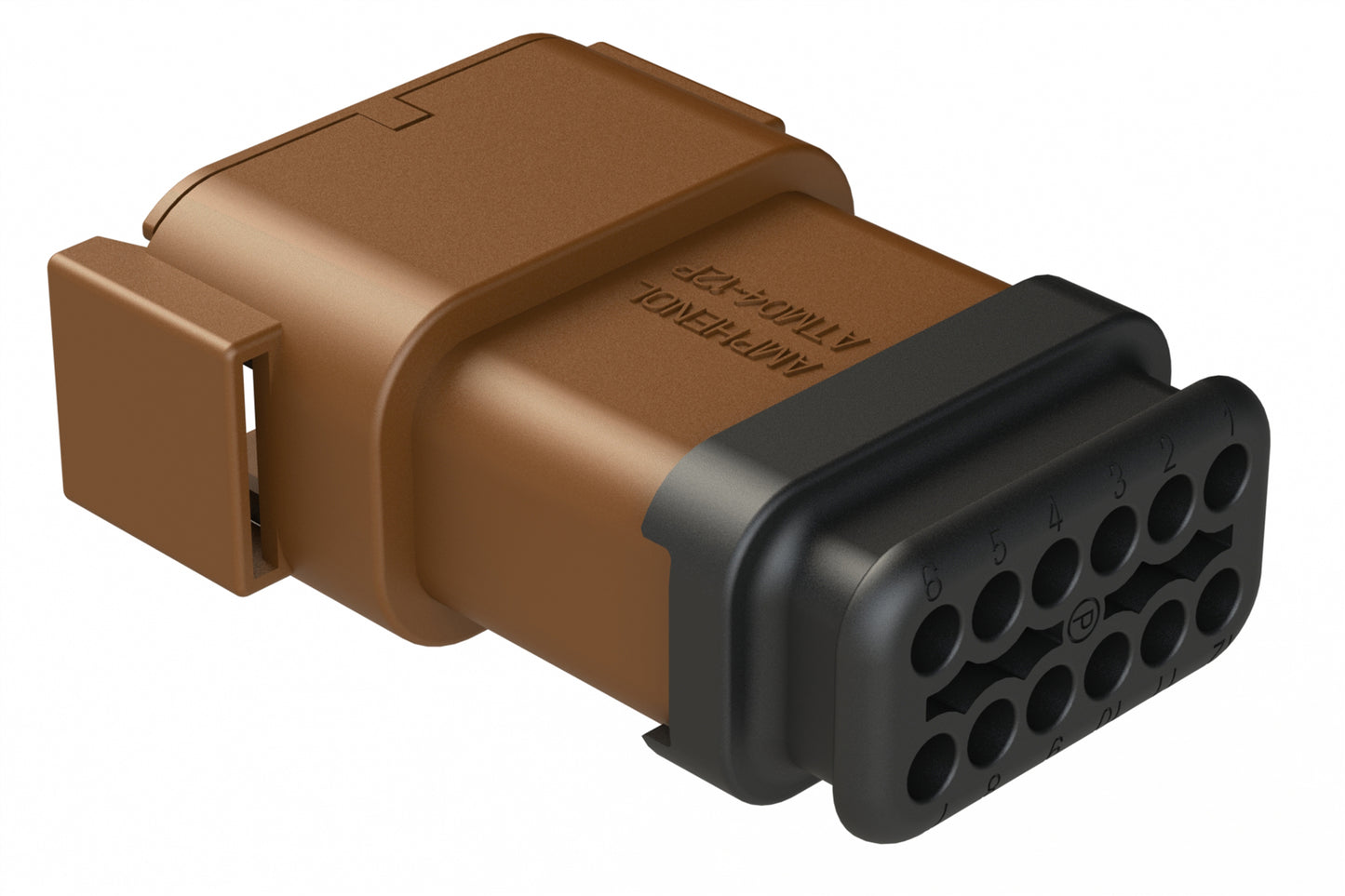 ATM04-12PD-SR1BN 12 Position, Receptacle, Pin, Standard Diameter Rear Seal (Red), SR01 Strain Relief, Keyed D, Brown body (Requires Wedgelock AWM-12P.). DTM04-12PD-E007