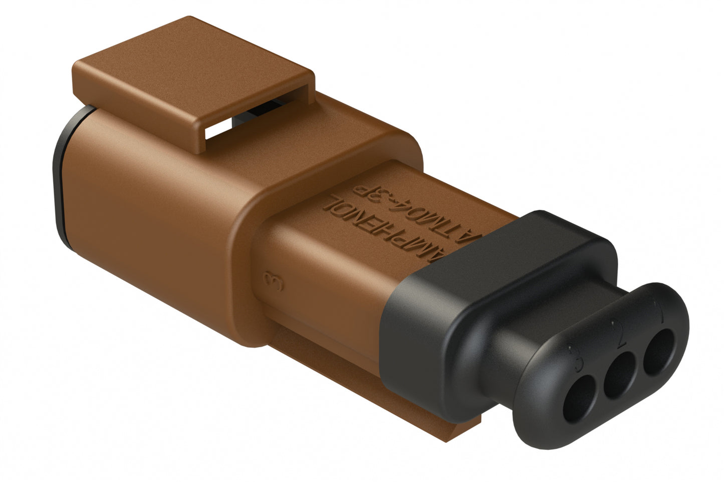ATM04-3P-SR01BN 3 Position, Receptacle, Pin, Standard Diameter Rear Seal (Red), SR01 Strain Relief, Brown Body (Requires Wedgelock AWM-3P.)
