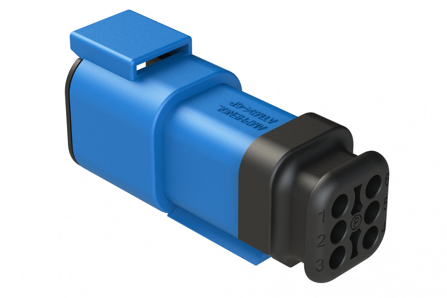 ATM04-6P-SR01BL 6 Position, Receptacle, Pin, Standard Diameter Rear Seal (Red), SR01 Strain Relief, Blue Body (Requires Wedgelock AWM-6P.)