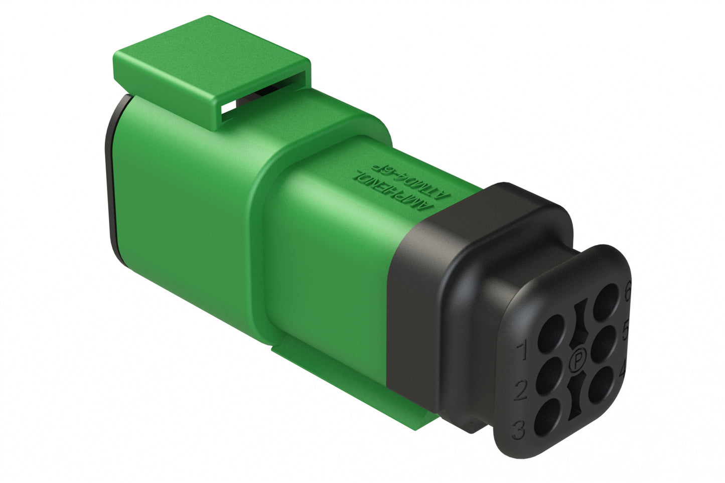 ATM04-6P-SR01GN 6 Position, Receptacle, Pin, Standard Diameter Rear Seal (Red), SR01 Strain Relief, Green Body (Requires Wedgelock AWM-6P.)