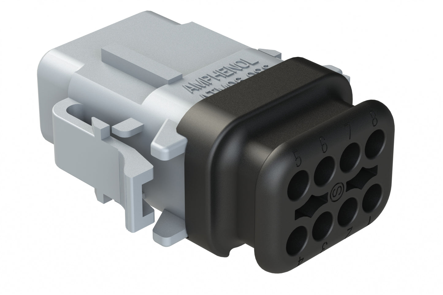 ATM06-08SA-SR1GY 8 Position, Plug, Socket, Standard Diameter Rear Seal (Red), SR01 Strain Relief, Keyed A, Grey Body (Requires Wedgelock AWM-8S.). DTM06-08SA-E007